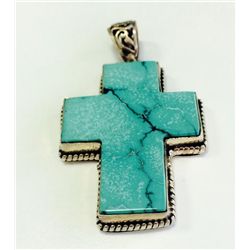 Sterling Silver .925 Cross Design  Turquoise Pendant 22.02g 35x55mm