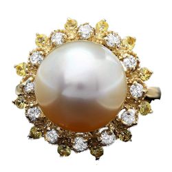 14k Gold 12 X 12mm Pearl 0.41ct Diamond Ring