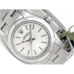 24mm Lady Rolex Stainless Steel Oyster Perpetual Watch. Silver Dial. Stainless Steel Smooth Bezel. S