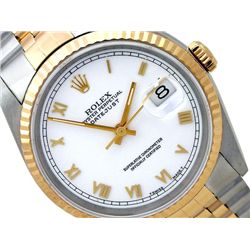 36mm Gents Rolex 18k Gold & Stainless Steel Oyster Perpetual Datejust Watch. White Dial. 18k Yellow