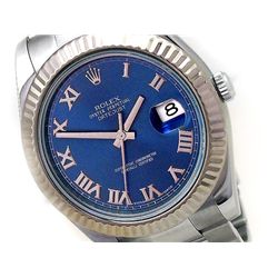 41mm Gents Rolex Stainless Steel Oyster Perpetual Datejust II Watch. Blue Roman Numeral Dial. 18k Wh