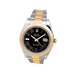 41mm Gents Rolex 18k Gold & Stainless Steel Oyster Perpetual Datejust II Watch. Black Roman Numeral