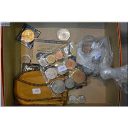 Box lot of coins with 50 cent pieces and money pouch