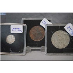 Three cased coins including 1902 penny, 1911 nickel and 1911 Newfoundland fifty cent piece