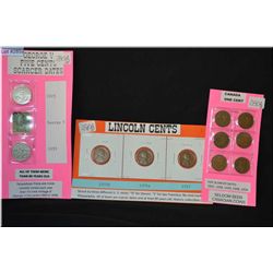 Canadian pennies, Lincoln cent pieces and George V 5 cents 1923 and 1933 plus Gerorge V stamps