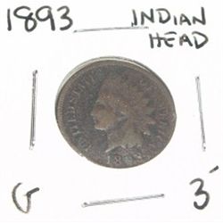 1893 INDIAN HEAD PENNY RED BOOK VALUE $3.00+ *NICE EARLY GOOD GRADE*!! PENNY CAME OUT OF SAFE!!