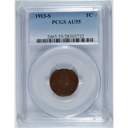 1913-S LINCOLN CENT, PCGS AU-55