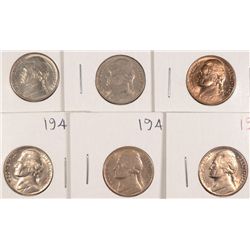 (6) JEFFERSON NICKELS (38, 39-S, 40-D, 41, 41-D, 42) CH BU