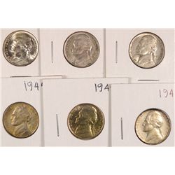 (6) JEFFERSON (WAR) NICKELS (42, 42-S, 44, 45, 45-D, 45-S) CH BU