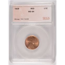 1928 LINCOLN CENT, SEGS MS-64 RED! NICE!