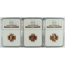 ( 3 ) 1957-D LINCOLN CENTS, NGC MS-66 RED