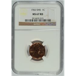 1966 SMS LINCOLN CENT, NGC MS-67 RED