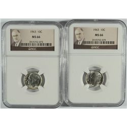 ( 2 ) 1963 ROOSEVELT DIMES, NGC MS-66!