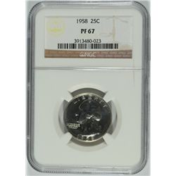 1958 WASHINGTON QUARTER, NGC PROOF-67 NICE!