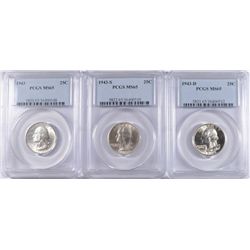 1943 P,D & S WASHINGTON QUARTERS, ALL PCGS MS-65