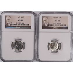 1963 AND 1963-D ROOSEVELT DIMES, NGC MS-66