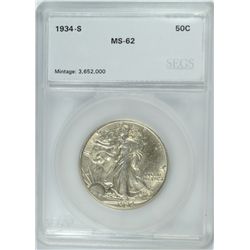 1934-S WALKING LIBERTY HALF DOLLAR, SEGS MS-62