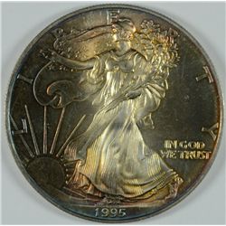 1995 AMERICAN SILVER EAGLE, MONSTER TONING  ON THE OBVERSE, GORGEOUS COIN!