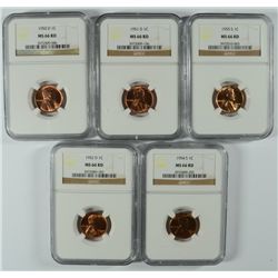 1950-D, 51-D, 52-D, 54-S, 55-S LINCOLN CENTS ALL NGC MS-66 RD