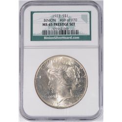 1922 PEACE SILVER DOLLAR, BINION #69 OF 970, NGC MS-65 PRESTIGE SET