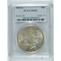 1925-S PEACE SILVER DOLLAR, PCGS MS-64 SEMI-KEY,  VERY NICE WHITE COIN