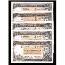 1961 Coombs/Wilson QEII Ten Shilling Note x 5