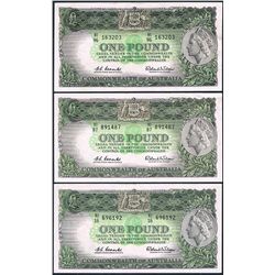 1961 Coombs/Wilson QEII One Pound Note x 3