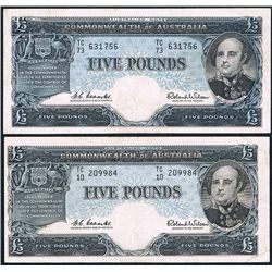 1960 Coombs/Wilson QEII Five Pound Note x 2