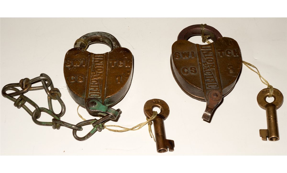 Embossed Union Pacific switch locks