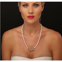 18KT Yellow Gold 0.18ctw Diamond and  Pearl Necklace