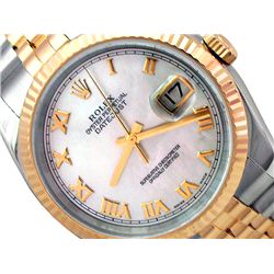 36mm Gents Rolex 18k Gold & Stainless Steel Oyster Perpetual Datejust Watch. Mother Of Pearl Roman N