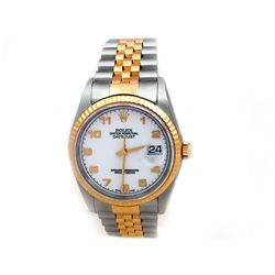 36mm Rolex 18k Gold & Stainless Steel Oyster Perpetual Datejust Watch. White Arabic Dial. 18k Yellow