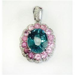 PINK SAPPHIRE 2.17CT / BLUE ZIRCON 6.71CT,  14K W/G PENDANT 5.47GRAM / DIAMOND 0.39CT