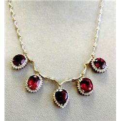 RASPBERRY GARNET 28.29CT, 14K W/G NECKLACE 21.14GRAM / DIAMOND 1.61CT