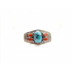 Sterling Silver .925 Big Turquoise w/ Red Coral Filigree Bangle