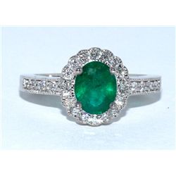 Emerald  1.21 ctw & Diamond Flower Ring 14KW