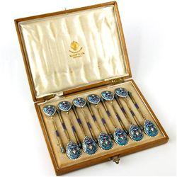 12 Russian Gilt Silver and Cloisonne Enamel Tea Spoons.