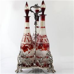 Silver Plated 3 Ruby Glass Bottles Tantalus, Circa 1880