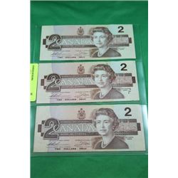 #8 1986 CANADIAN $2 BILLS X3