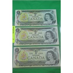 SHEET OF 3 1973 CANADIAN $1 BILLS UNCIRCULATED