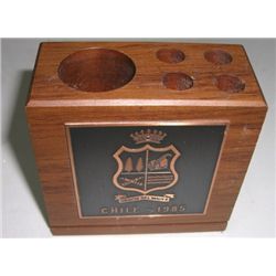 REGION DEL CHILE 1985 OFFICE DESK PEN HOLDER *SOLID WOOD & COPPER* SIGNED *DESMADRYL CHILE*!!