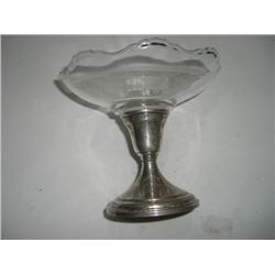 HEAVY CANDY DISH WITH THICK GLASS TOP AND WEIGHTED STERLING SILVER BASE STAMPED *B-I STERLING WEIGHT