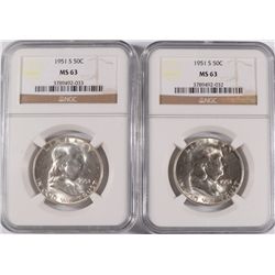 LOT OF ( 2 ) 1951-S FRANKLIN HALF DOLLARS, NGC  MS-63