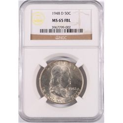 1948-D FRANKLIN HALF DOLLAR, MS-65 FBL  NICE WHITE COIN!!