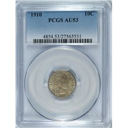 1910 BARBER DIME, PCGS AU-53