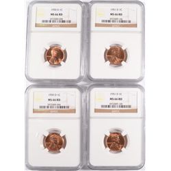 2 1950-D, & 2 51-D LINCOLN CENTS NGC MS-66 RD
