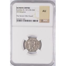 ROMAN EMPIRE ANCIENT SILVER DENARIUS, GORDIAN III A.D. 238-244, NGC  AU  RARE!