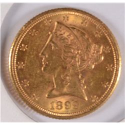1899-S $5.00 GOLD, MS-62 NICE