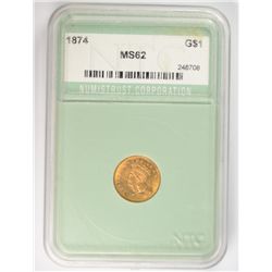 1874 III GOLD DOLLAR NTC MS-62