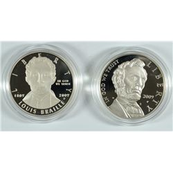 2009 BRAILLE AND LINCOLN PROOF COMMEMORATIVE SILVER DOLLARS